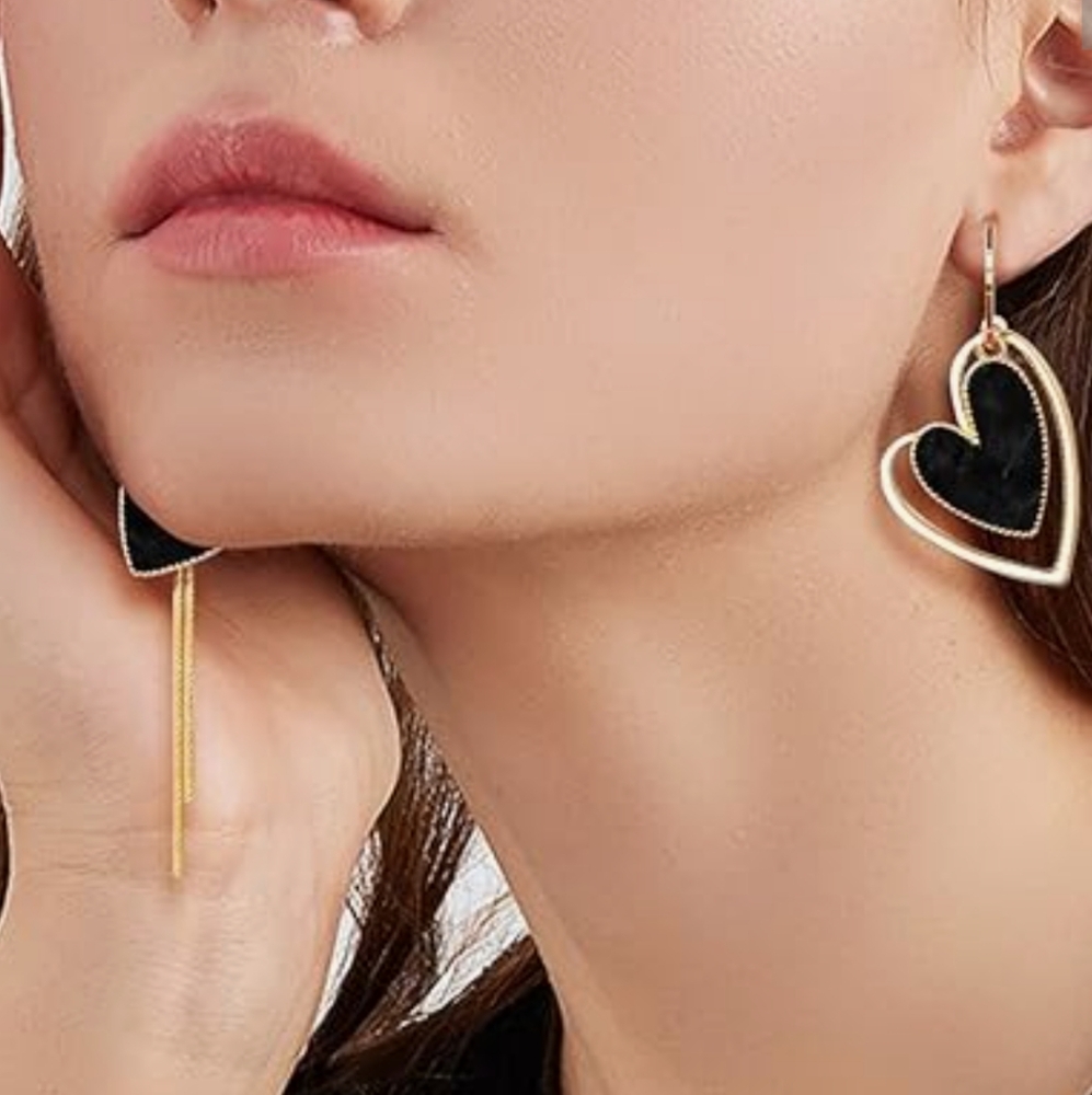 Black Heart Earrings Gold-tone Hoop Dangle Mix & Match Asymmetrical Tassel - Picture 9 of 16